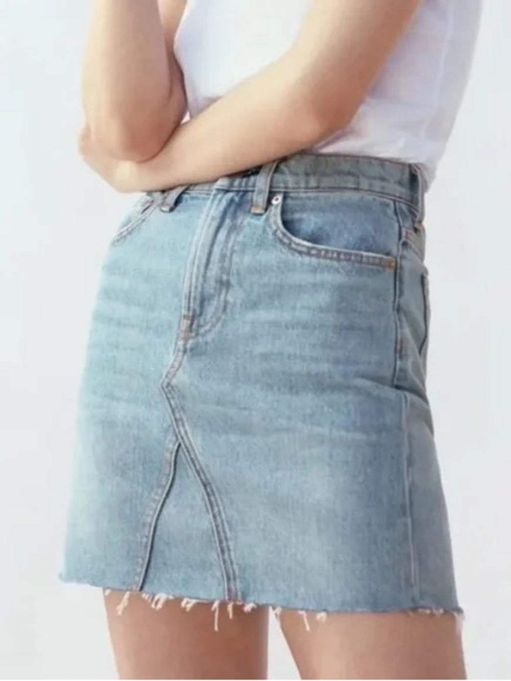 Everlane Light Blue Denim Mini Skirt with Frayed Hem